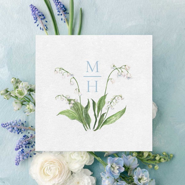 Lily Napkins | Lily of the Valley Watercolor Floral Crest and Monogram