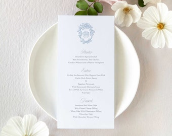 Barry Menu | Wedding Menus with Vintage Hydrangea Floral Crest and Monogram