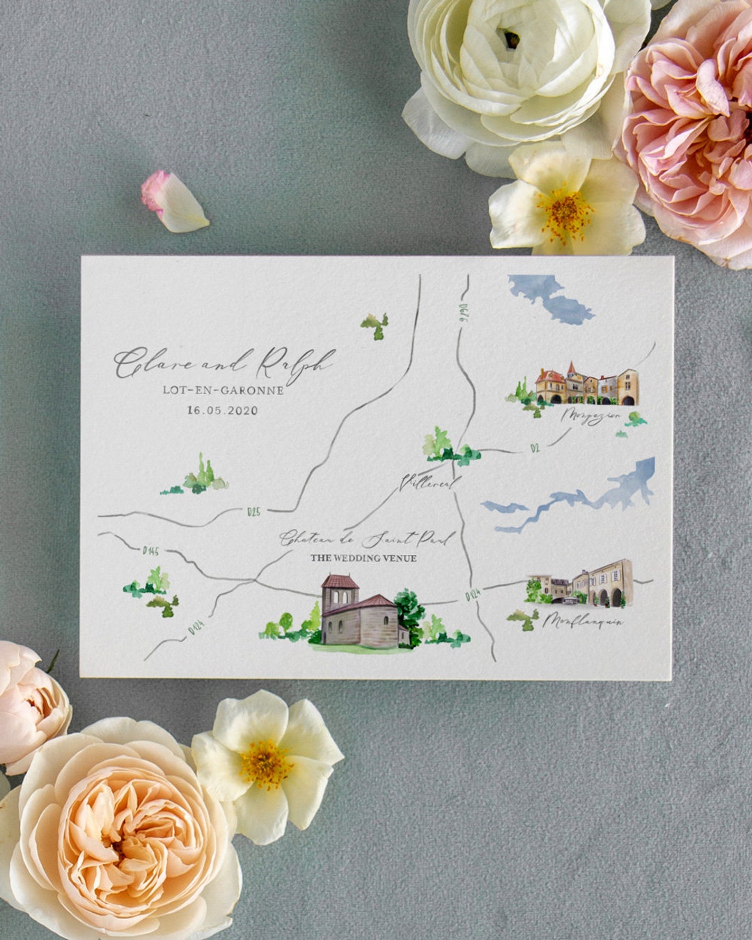 Wedding Map Watercolor Single Sided Hand Painted Custom Watercolor