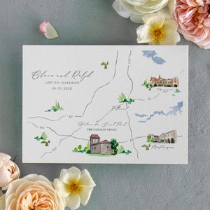 Mapa de bodas Acuarela de una sola cara / pintada a mano Mapa de bodas de acuarela personalizada Guarde la fecha
