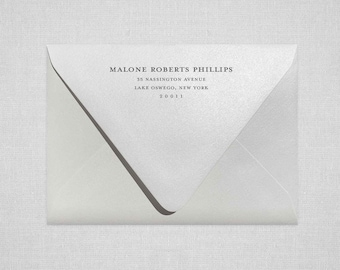 Puede incluir: Sobre blanco con una dirección de remitente negra que dice "Malone Roberts Phillips, 35 Nassington Avenue, Lake Oswego, New York, 20011."