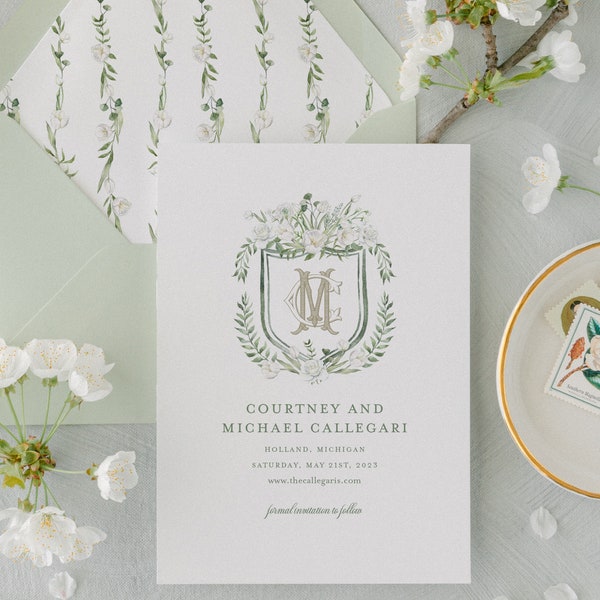 Tulip Blanche Save The Date | Watercolor Floral Crest and Monogram