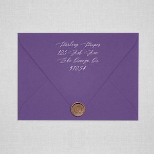 May include: Purple envelope with a white wax seal and a handwritten address that reads "Sterling Stripes, 123 Ash Ave, Lake Oswego, OR 97034".