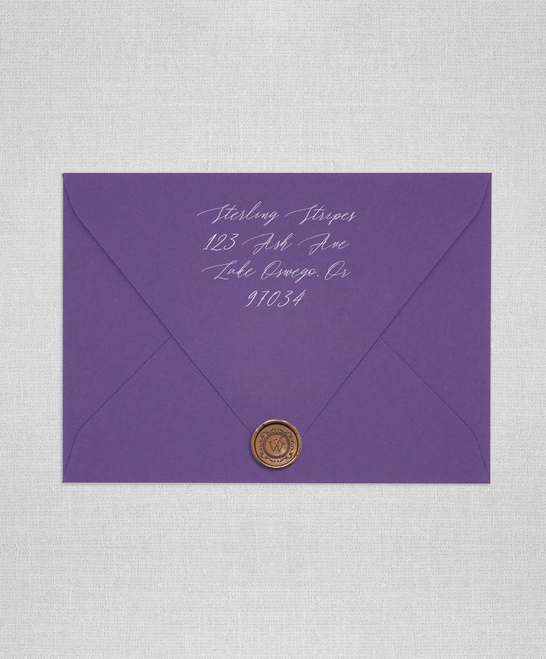 May include: Purple envelope with a white wax seal and a handwritten address that reads "Sterling Stripes, 123 Ash Ave, Lake Oswego, OR 97034".