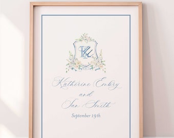 Katherine Welcome Sign | Roses and Hydrangea Watercolor Crest Welcome Sign