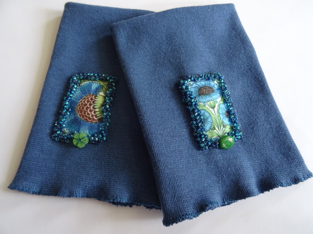 Arm Warmers, Cotton Cuffs, Denim Blue, Jersey, Applique Embroidered