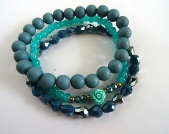 Bracelet, trio, turquoise, Blue, Boho, Hippie-style, Glass Beads, rose,