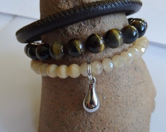 3 bracelets, Nappa leather, tiger eye, ceramic beads,
