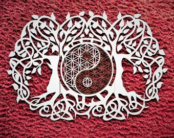 Bloem des Levens - Boom des Levens - Yin Yang - Sir Yantra Torus Bloem Om 3D Houten Muurdecoratie