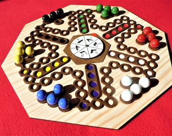 Houten Ludo voor 4 of 6 spelers, XL 30 cm glazen ballen, draaiende dobbelstenen