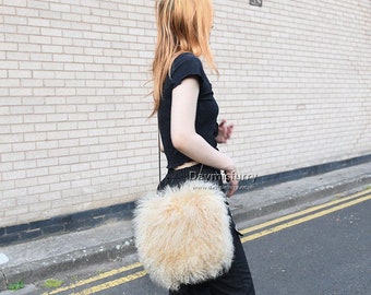 Mongolian Sheepskin Lamb Shoulder Bag - Beige