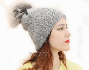 Rabbit Hair Knit Hat With Fur Pom Pom 