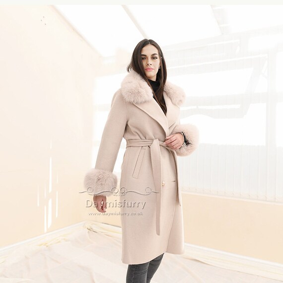 Cashmere Wool Coat With Fur Collar And Cuffs Winter Hong Kong Cashmere Wool Coat With Fur Collar And, Fur Cuff Coat For Womens