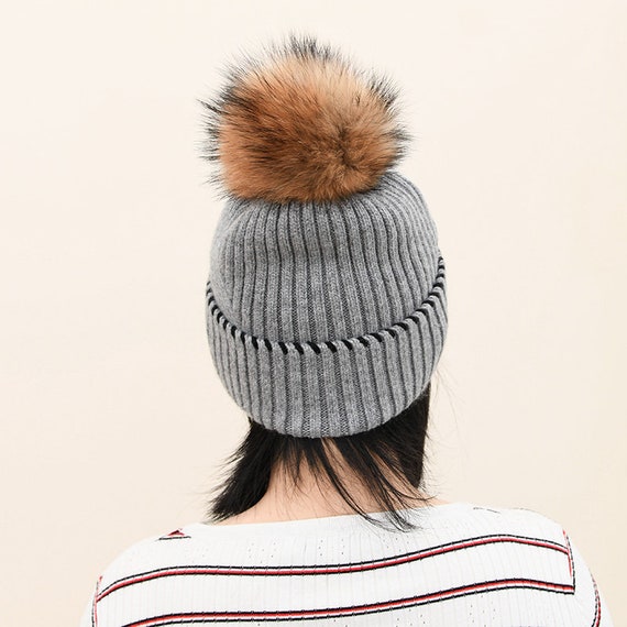 Wool Beanie Hat With Raccoon Pom Pom 