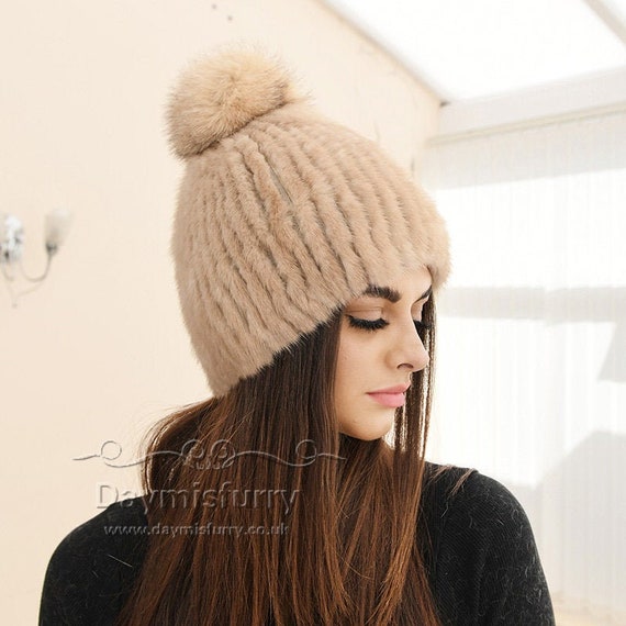 Camel Mink Fur Beanie Hat With Fox Fur 