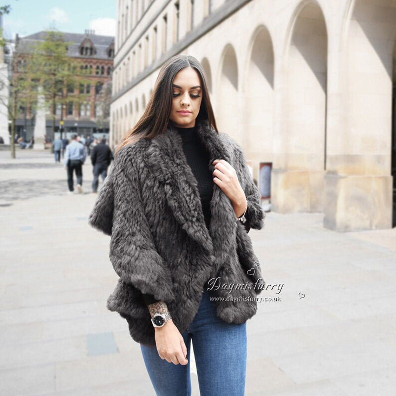 Knit Rabbit Fur Cape Shawl Fur Shrug - Dark Grey Knit Rabbit Fur Cape Shawl Fur Shrug - Dark Grey