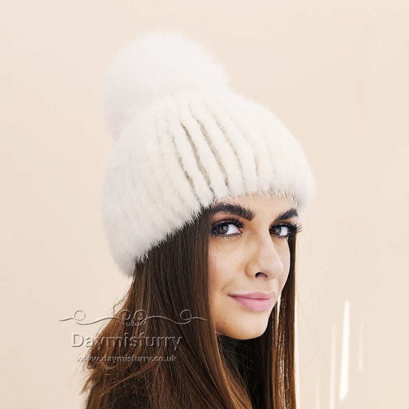 White Mink Fur Beanie Hat With Fox Fur 