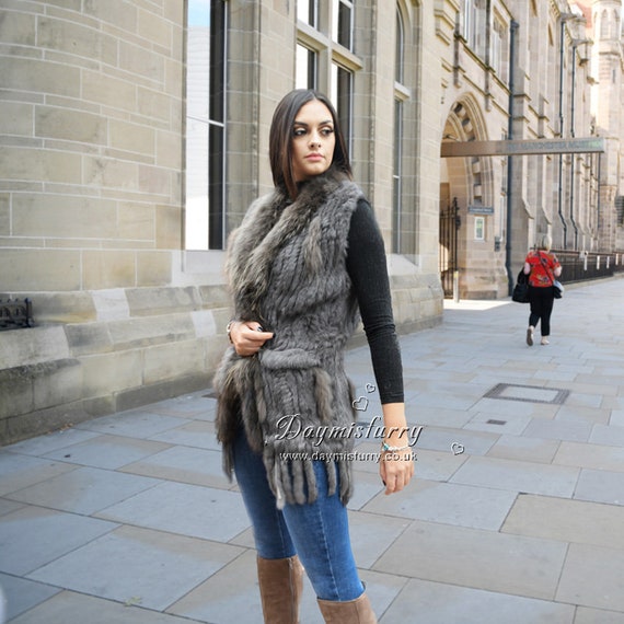 Rabbit Fur Jacket Fur Vest With Raccoon Fur Trim Real Fur -  Hong Kong