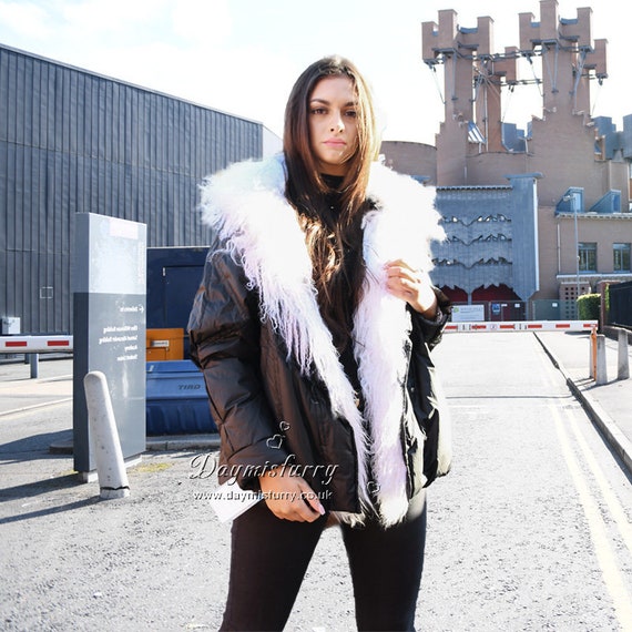 Black Down Jacket With White Mongolian Lamb Fur Collar - Etsy Norway