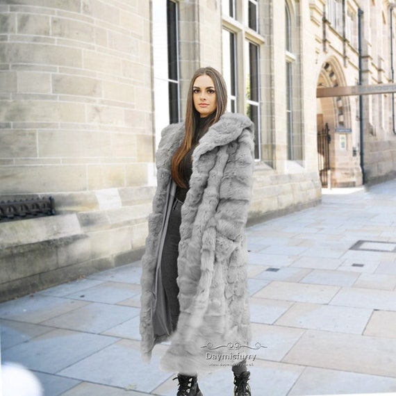 NEW Patched Rabbit Fur Long Coat Grey 