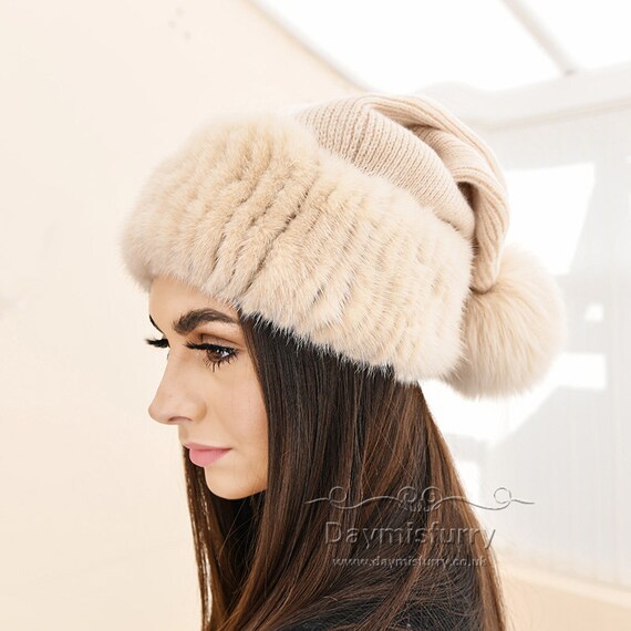Wool Knit Hat With Fox Fur Ball and 