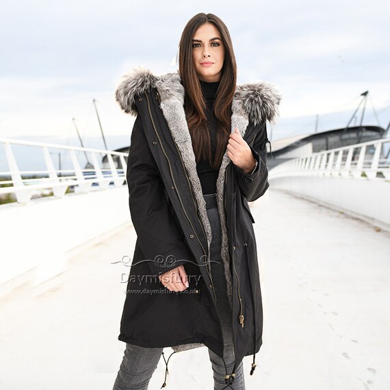 Rabbit Fur Coat Parka Coat with Silver Fox Fur Collar, Winter Coat