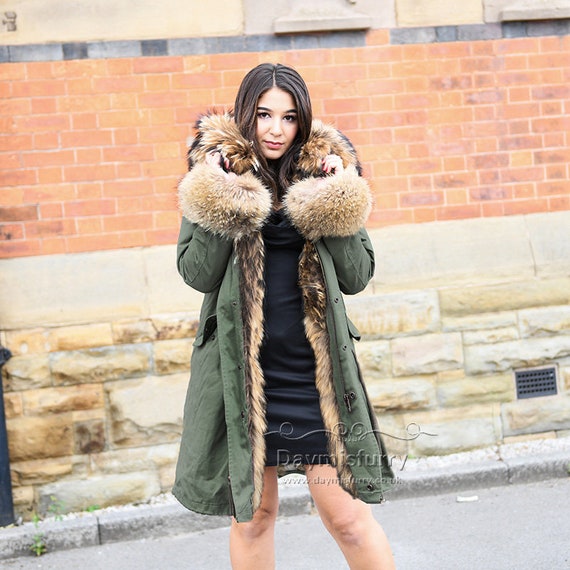  Women's Genuine Rabbit Fur Coat with Raccoon Fur Trim