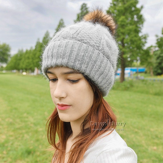 Rabbit Hair Knit Hat With Fur Pom Pom 