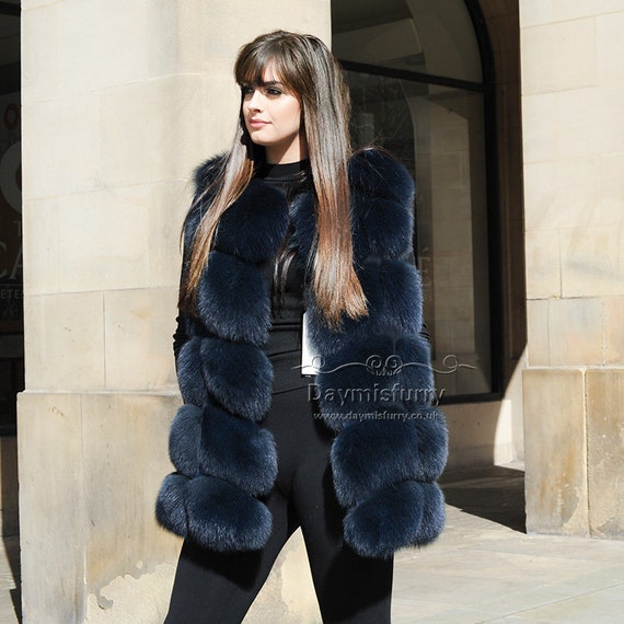 Navy Fox Fur Vest, Real Fur Gilet, Real Fur Gilet