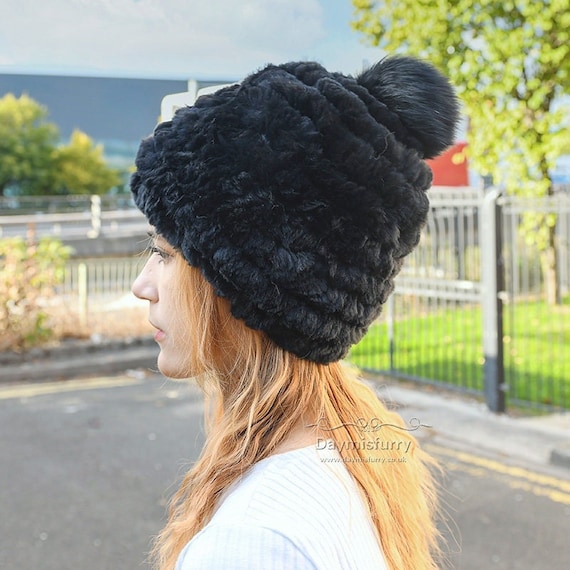 Rex Rabbit Fur Pom Beanie Hat -Black