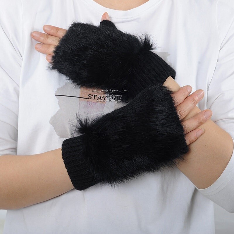 Norway Knit Rex Rabbit Fur Mittens in Black Frost