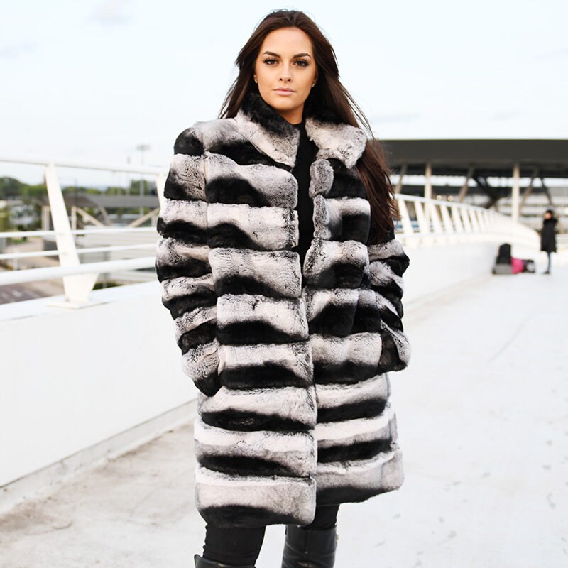 Women Real Chinchilla Rex Rabbit Fur Coat With Hood X-Long Warm Overcoat Hooded 