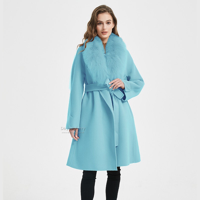Sky Blue Cashmere Wool Coat With Fox 