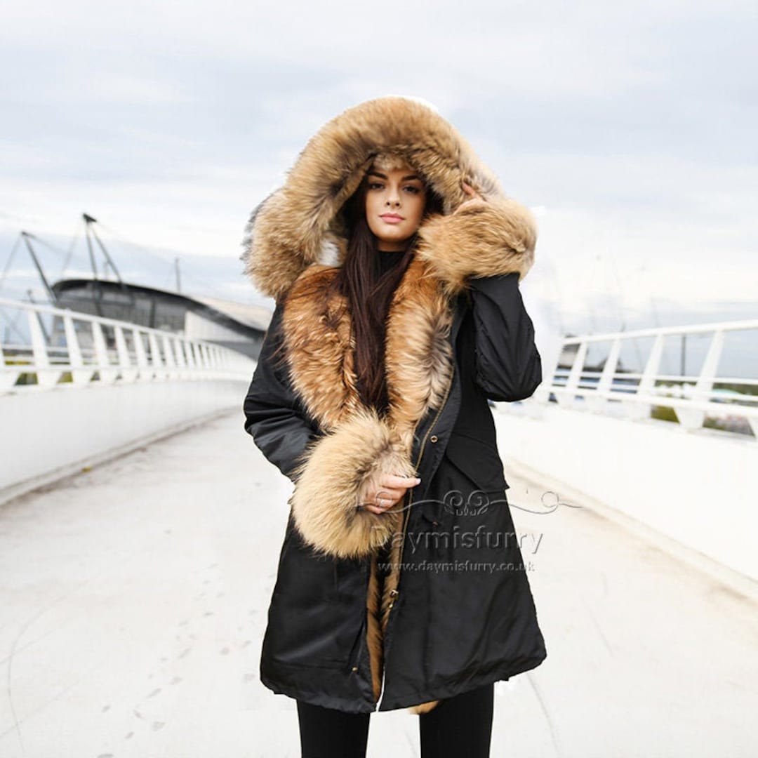 Rabbit Fur Lined Parka Jacket With Raccoon Fur Trim and Cuff ...