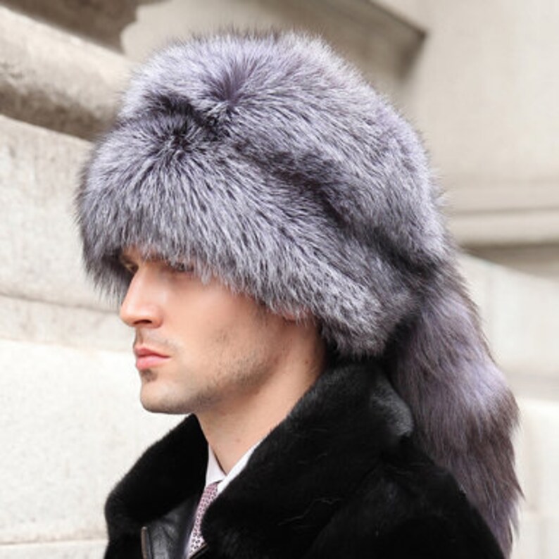 Silver Fox Fur Men's Hat With Fox Tail Etsy