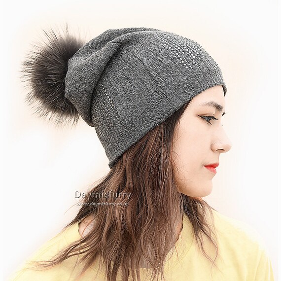 Grey Cashmere Slouchy Beanie Hat with Raccoon Fur Pom Pom
