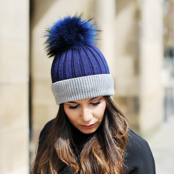 Knit Beanie Hat With Fur Pom Pom Winter 