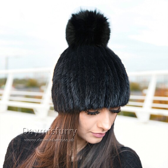 Black Mink Fur Beanie Hat With Fox Fur 