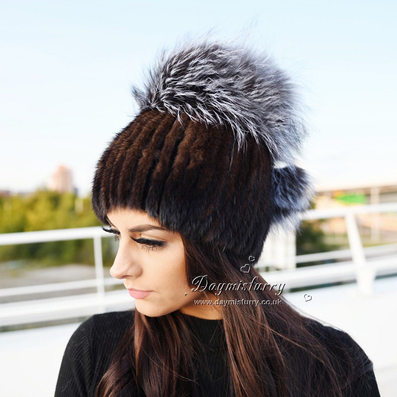 Chocolate Mink Fur Hat With Silver Fox 