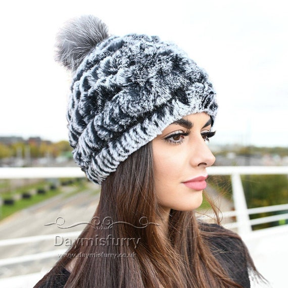 Knit Rex Rabbit Fur Beanie Hat With Fox 