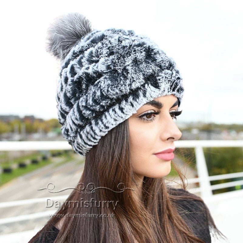 Knit Rex Rabbit Fur Beanie Hat With Fox Fur Pom, Winter Hat