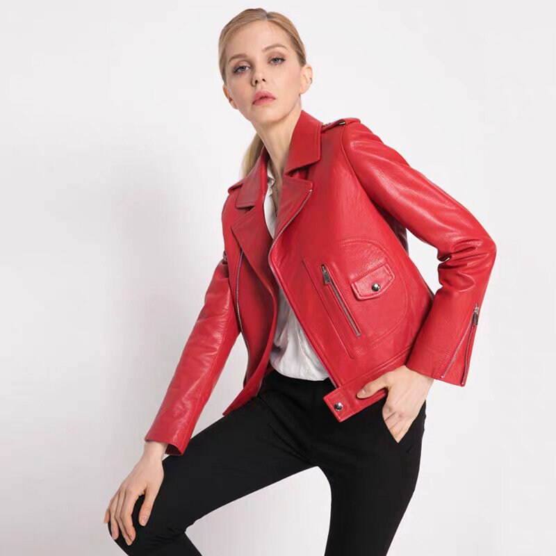 Red Genuine Lambskin Leather Biker Jackets | Etsy