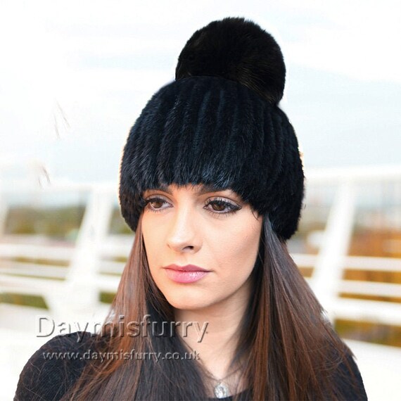 Black Mink Fur Beanie Hat With Fox Fur 
