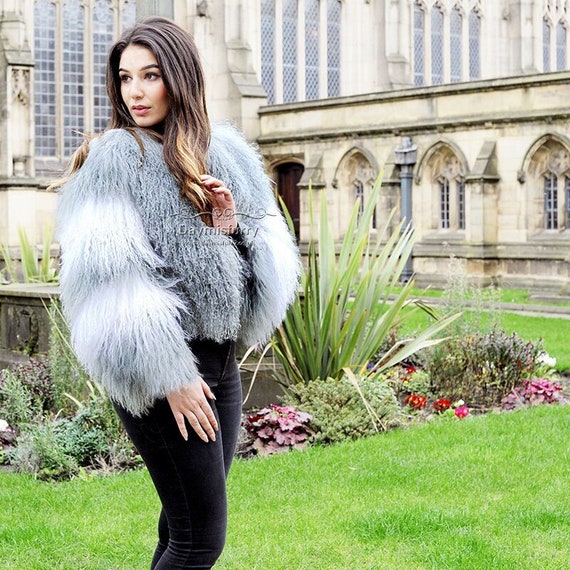 Grey and White Mongolian Lamb Fur Coat