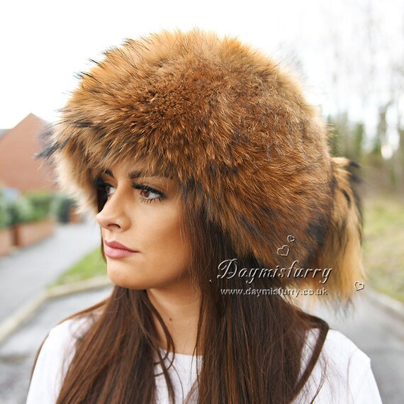 Winter Hat Racccoon Fur Pill Box Hat With Two Tails Real Fur Hat