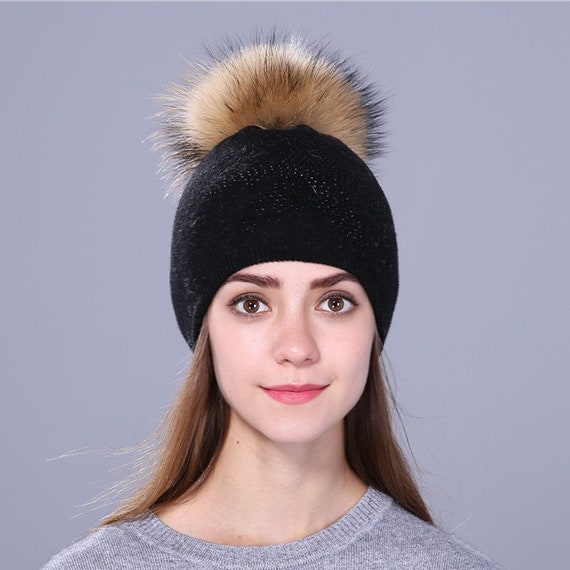 Cashmere Beanie Hat With Fur Pom Pom 