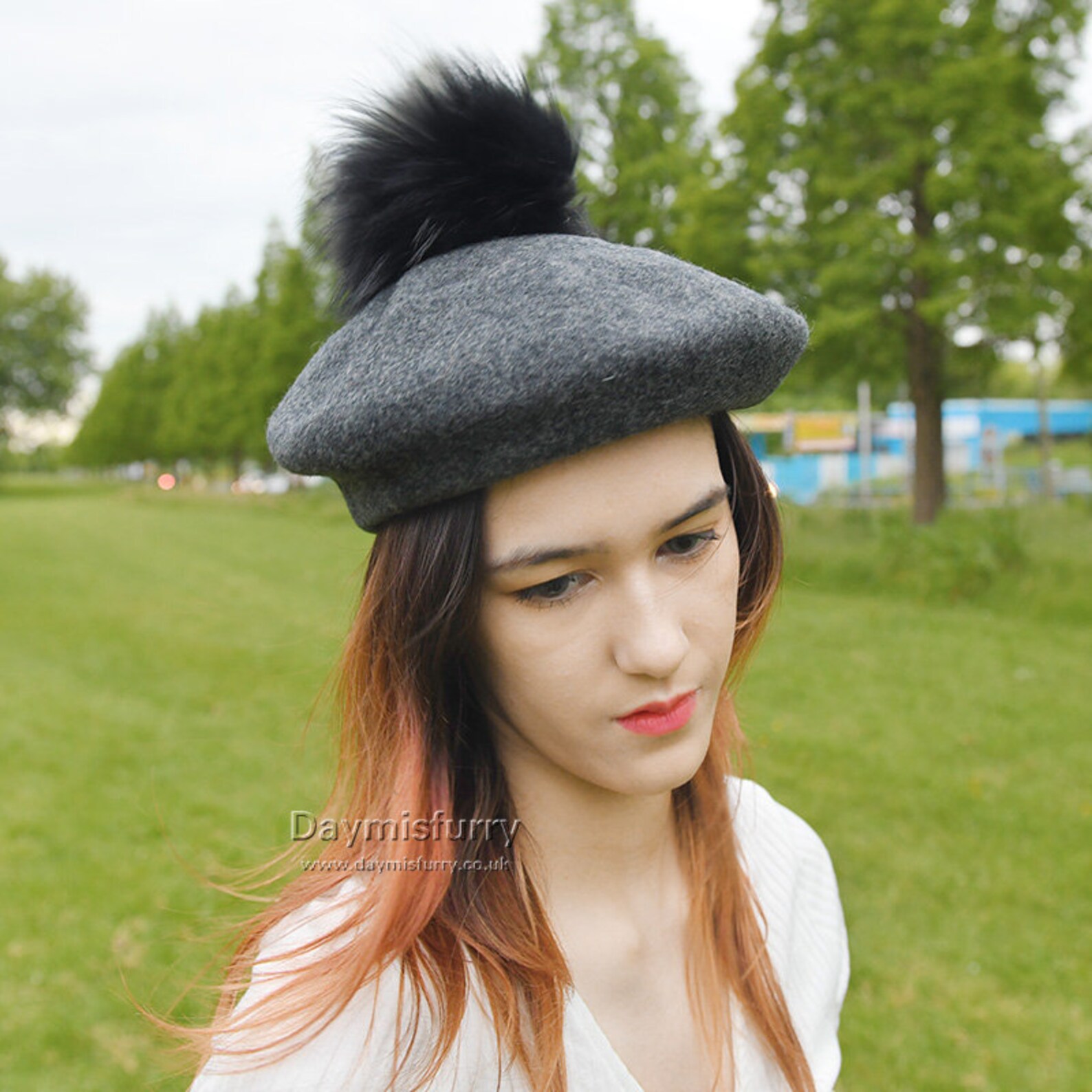 Classic French Wool Beret Hat With Raccoon Fur Pom Pom Etsy UK