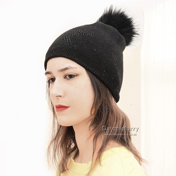 Cashmere Beanie Hat With Fur Pom Pom 