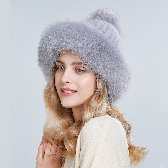 Roller Mink Fur Hat with Fox Fur Trim \u0026 Pom Pom in Grey