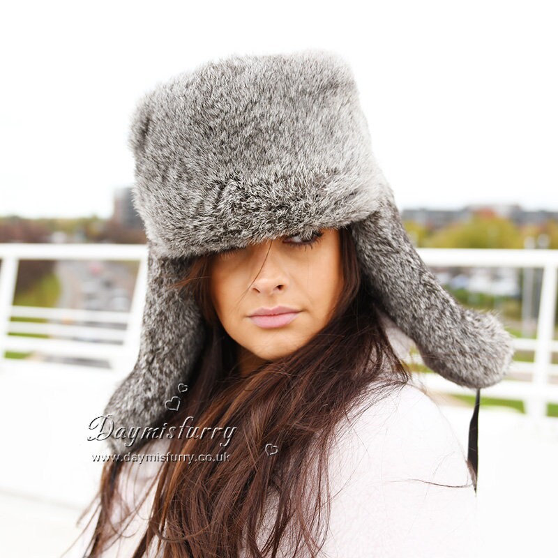 Grey Rabbit Fur Russian Ushanka Hat 